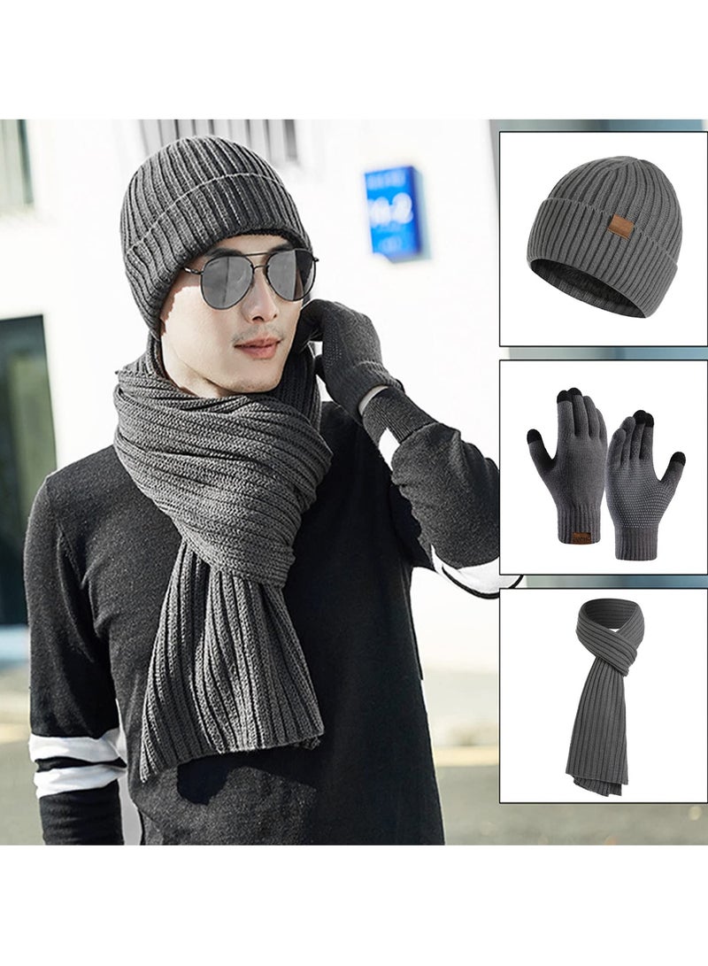 KASTWAVE 3Pcs Winter Beanie Hat Scarf Gloves Set, Set for Men Womens Ski Cap Touch Screen Mittens Suit Couples Matching Hats for Men Women (Dark Grey)  - Image 2