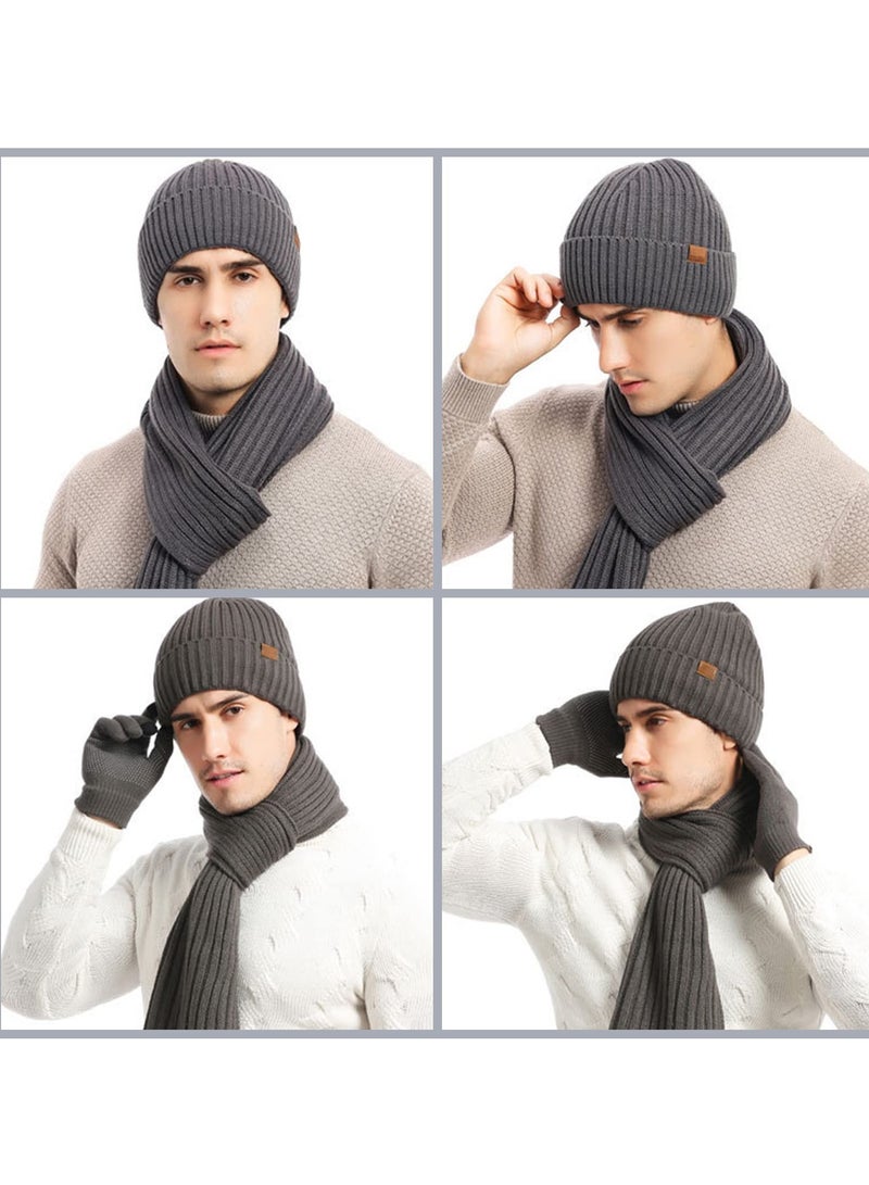 KASTWAVE 3Pcs Winter Beanie Hat Scarf Gloves Set, Set for Men Womens Ski Cap Touch Screen Mittens Suit Couples Matching Hats for Men Women (Dark Grey)  - Image 4