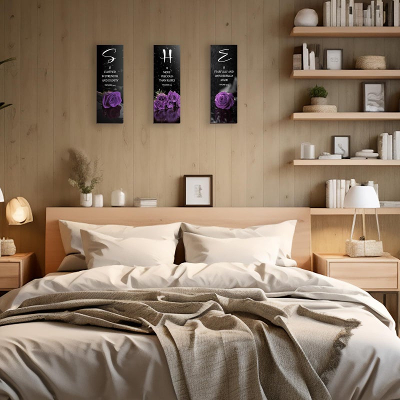 DONFENTHY 3 Pcs Purple Bedroom Decor Rose Wooden Wall Decor Inspirational Farmhouse Office Signs With SHE Bible Words Decor For Women Girl Bedroom Home(Purple 12x4Inch) - Image 2
