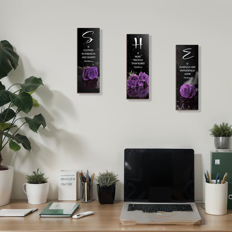 DONFENTHY 3 Pcs Purple Bedroom Decor Rose Wooden Wall Decor Inspirational Farmhouse Office Signs With SHE Bible Words Decor For Women Girl Bedroom Home(Purple 12x4Inch) - Image 5