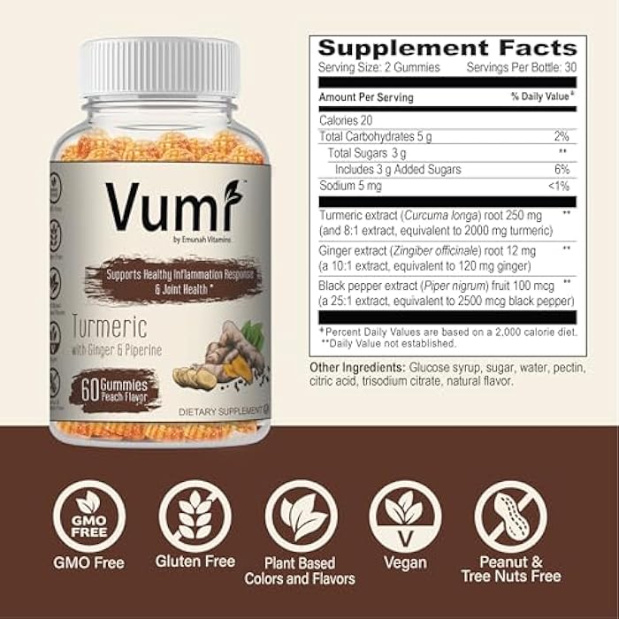 Vumi Turmeric Gummies with Ginger and Piperine - Peach Flavored, Plant Based Flavor and Color, Vegan, Gluten Free, Non-GMO, OU Kosher, Joint Health & Health Inflammation Response (60 Gummies) - Image 2