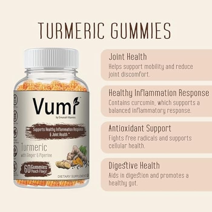 Vumi Turmeric Gummies with Ginger and Piperine - Peach Flavored, Plant Based Flavor and Color, Vegan, Gluten Free, Non-GMO, OU Kosher, Joint Health & Health Inflammation Response (60 Gummies) - Image 5