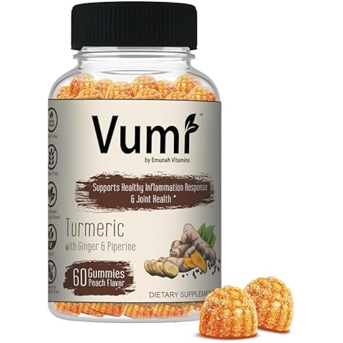 Vumi Turmeric Gummies with Ginger and Piperine - Peach Flavored, Plant Based Flavor and Color, Vegan, Gluten Free, Non-GMO, OU Kosher, Joint Health & Health Inflammation Response (60 Gummies) - Image 1