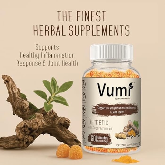 Vumi Turmeric Gummies with Ginger and Piperine - Peach Flavored, Plant Based Flavor and Color, Vegan, Gluten Free, Non-GMO, OU Kosher, Joint Health & Health Inflammation Response (60 Gummies) - Image 4