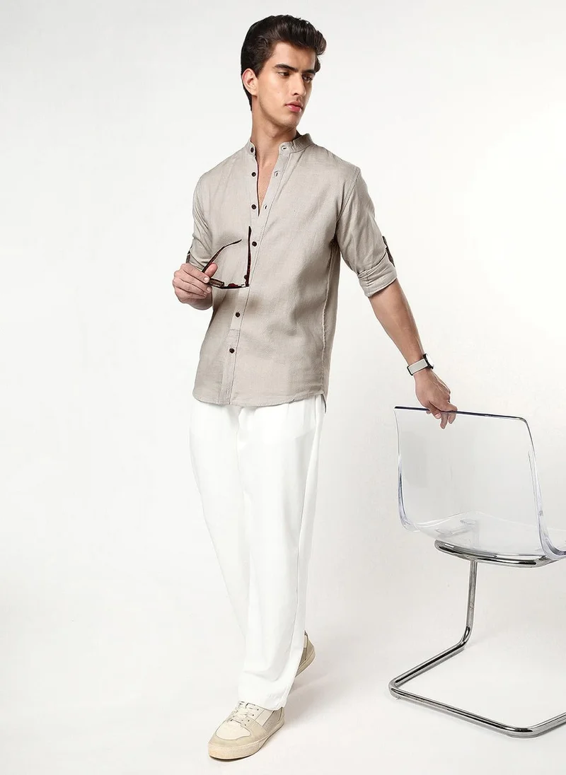 Urbano Fashion  Urbano Fashion Men's Grey Linen Blend Full Sleeve Relaxed Fit Mandarin Collar Casual Solid Shirt for Men | Best Price UAE