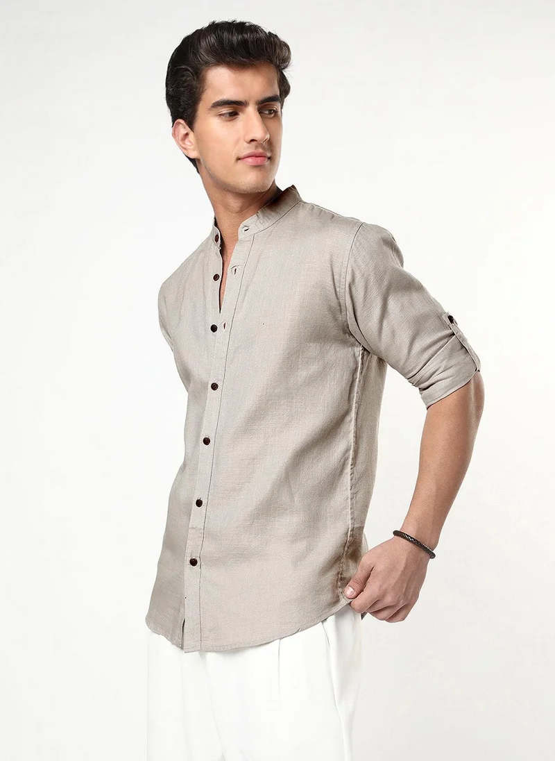 Urbano Fashion  Urbano Fashion Men's Grey Linen Blend Full Sleeve Relaxed Fit Mandarin Collar Casual Solid Shirt for Men | Best Price UAE