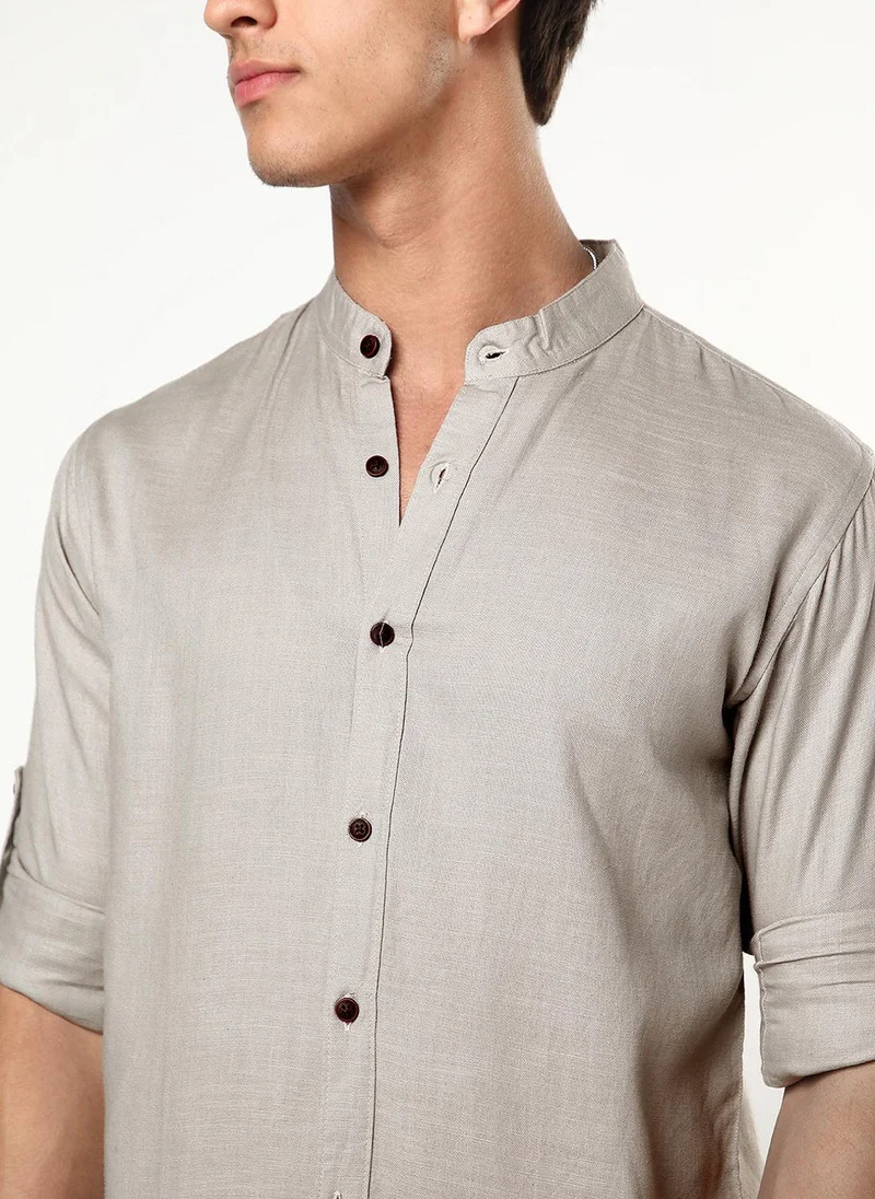 Urbano Fashion  Urbano Fashion Men's Grey Linen Blend Full Sleeve Relaxed Fit Mandarin Collar Casual Solid Shirt for Men | Best Price UAE
