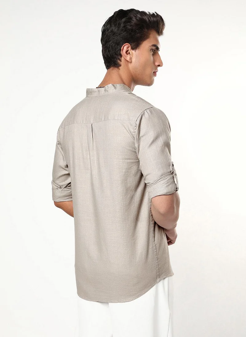 Urbano Fashion  Urbano Fashion Men's Grey Linen Blend Full Sleeve Relaxed Fit Mandarin Collar Casual Solid Shirt for Men | Best Price UAE