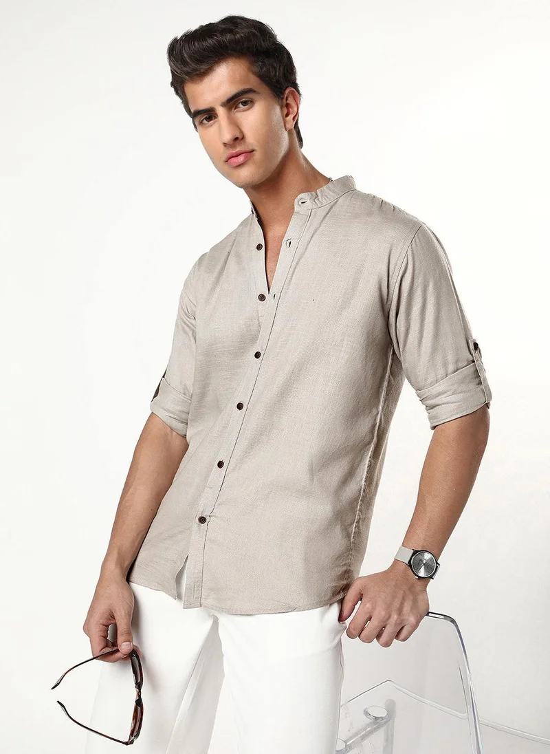 Urbano Fashion Men's Grey Linen Blend Full Sleeve Relaxed Fit Mandarin Collar Casual Solid Shirt