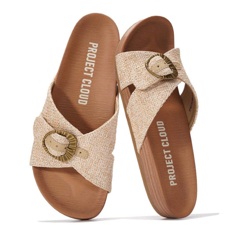 Project Cloud Womens Sandals - Adjustable Buckle Sandals for Women 2026 with Plush Insole - Lightweight & Non Slip Slides for Women Footwear (Beaming,NATRAFFIA,7.5)