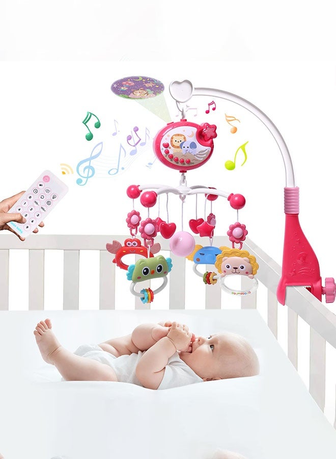 Mini  Baby Crib Mobile with Music and Lights,360°Rotation Remote Control Musical Mobile for Crib with 400 Lullabies,Projection Night Light and Chewable Rattle Toy,Crib Mobile for Girls and Boys - Image 1