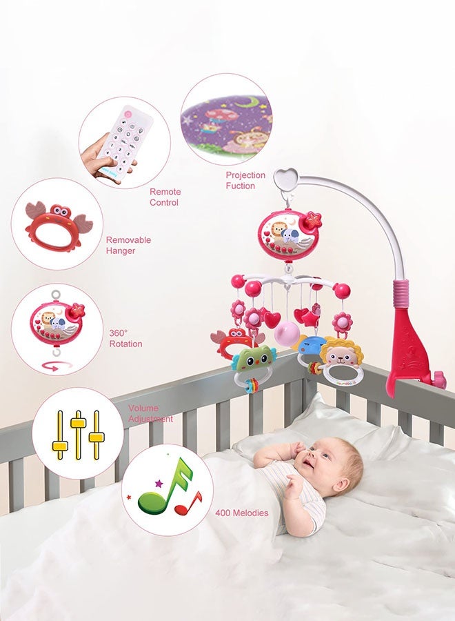 Mini  Baby Crib Mobile with Music and Lights,360°Rotation Remote Control Musical Mobile for Crib with 400 Lullabies,Projection Night Light and Chewable Rattle Toy,Crib Mobile for Girls and Boys - Image 2