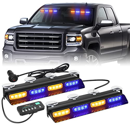 XRIDONSEN Amber Blue Emergency Dash Strobe Lights Safety Flashing Warning Hazard Interior Front/Rear Windshield Deck Split Light Bar w/Digital Display Controller for Construction Vehicles Trucks - Image 1