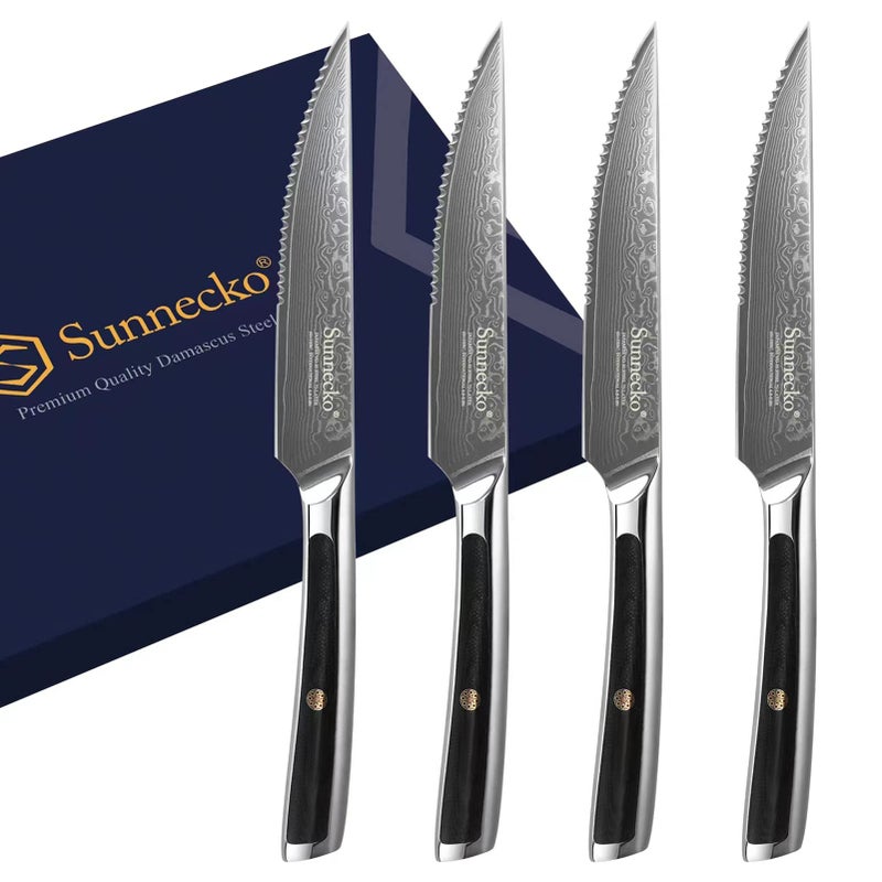 Sunnecko Damascus Steak Knives Set of 4 Serrated Japanese VG10 Stainless Steel Steak knives Dishwasher Safe 5 Inch Steak Knives G10 Handle with Gift Box