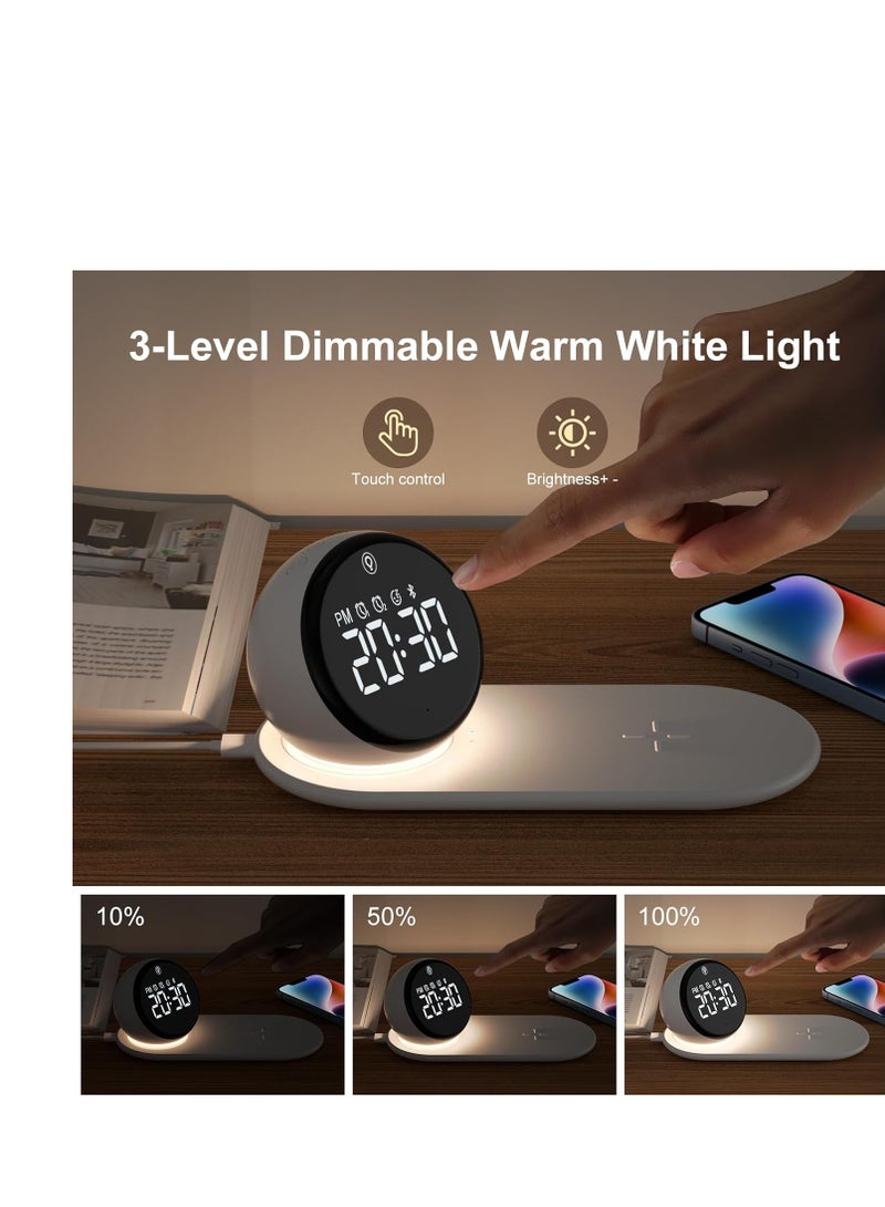 SYOSI ساعة رقمية، ساعة منبه مع شاحن لاسلكي سريع بقوة 15 واط لغرفة النوم، للبالغين الذين ينامون بعمق، مكبر صوت بلوتوث، 20 صوت طبيعي للنوم، أضواء ليلية دافئة، منبه مزدوج، هدايا للفتيات المراهقات - Image 3