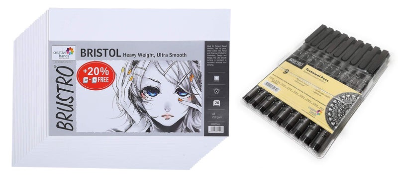 BRUSTRO Set of 9 Technical Pens with Bristol Ultra Smooth A4 Size (20 +4 Sheets) - Image 1