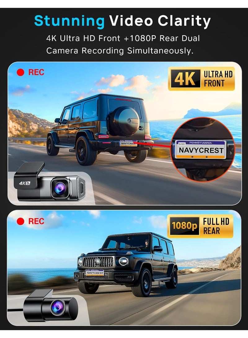 navycrest Dash Cam Car Front Rear 4K + 1080P, 5GHz WiFi Dash Cam with 32GB SD Card - Image 2