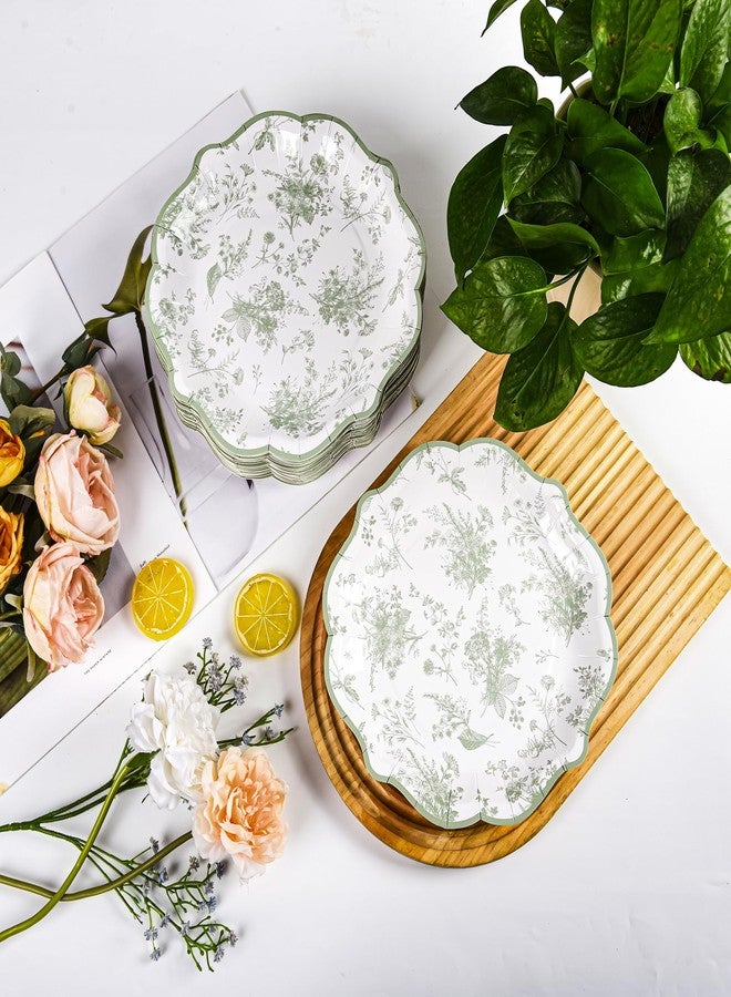 Elyxio 48 Pcs Sage Green Floral Scalloped Disposable Party Paper Plates 9" - Image 5