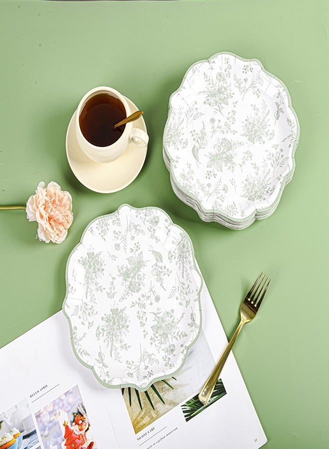 Elyxio 48 Pcs Sage Green Floral Scalloped Disposable Party Paper Plates 9" - Image 3