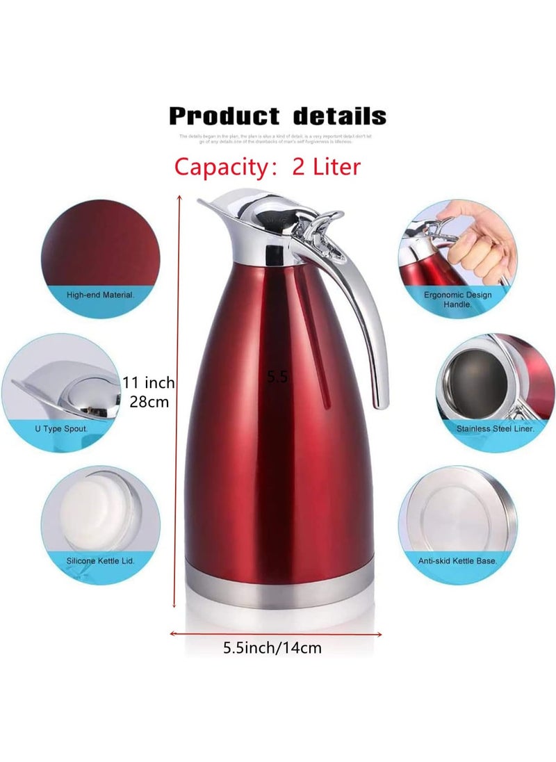 Generic - Stainless Steel Thermal Carafe Double Walled Vacuum Insualted Coffee Tea Pot With Lid,Insualted Pitcher Jug,Vacuum Flask Hot Water Bottle,12 Hour Cold & Heat Retention 2 Liter (Red) - Image 1