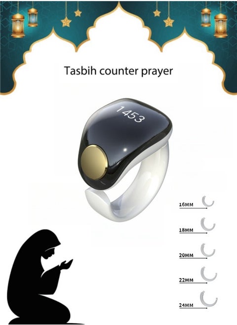 Tasbih Zikr Smart Ring, Adjustable Finger Counter, 5 Sizes (16/18/20/22/24 mm), APP Supported Digital Counter Prayer Reminder Ring, Waterproof 4-Digit Muslim Finger Counter Zikr Ring (Black + White).