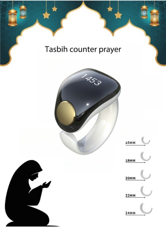 شفاء الحياة خاتم تسبيح للذكر الذكي، عداد ذكر ذكي، عداد أصابع قابل للتعديل، 5 مقاسات (16/18/20/20/22/24 ملم)، خاتم تذكير رقمي مدعوم بالتطبيق، خاتم ذكر مضاد للماء مكون من 4 أرقام لعداد أصابع المسلمين (أسود + أبيض).  - Image 1