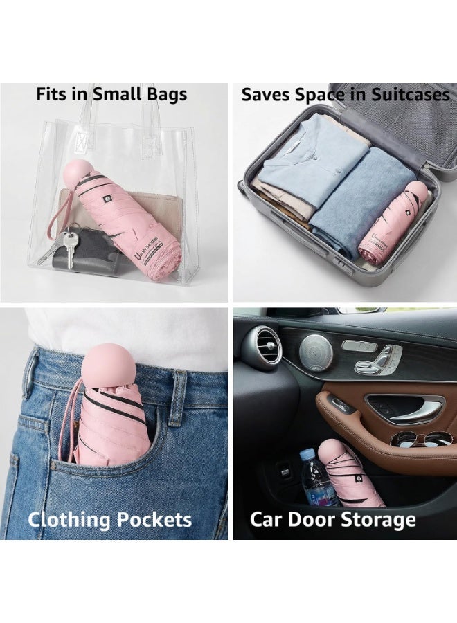 مظلة صغيرة من Travel Essentials للحقيبة مع حقيبة صغيرة مدمجة واقية من الشمس تحت الأشعة فوق البنفسجية دليل جيب صغير خفيف الوزن ومظلة مفتوحة ومغلقة للنساء والأطفال والرجال حقيبة ظهر تناسب - Image 3