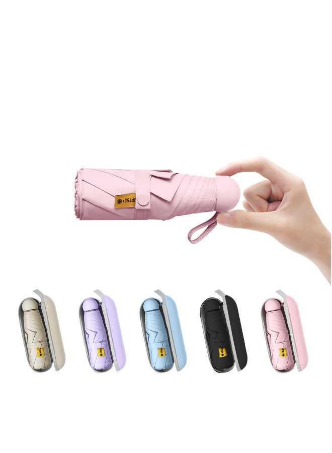 مظلة صغيرة من Travel Essentials للحقيبة مع حقيبة صغيرة مدمجة واقية من الشمس تحت الأشعة فوق البنفسجية دليل جيب صغير خفيف الوزن ومظلة مفتوحة ومغلقة للنساء والأطفال والرجال حقيبة ظهر تناسب - Image 1