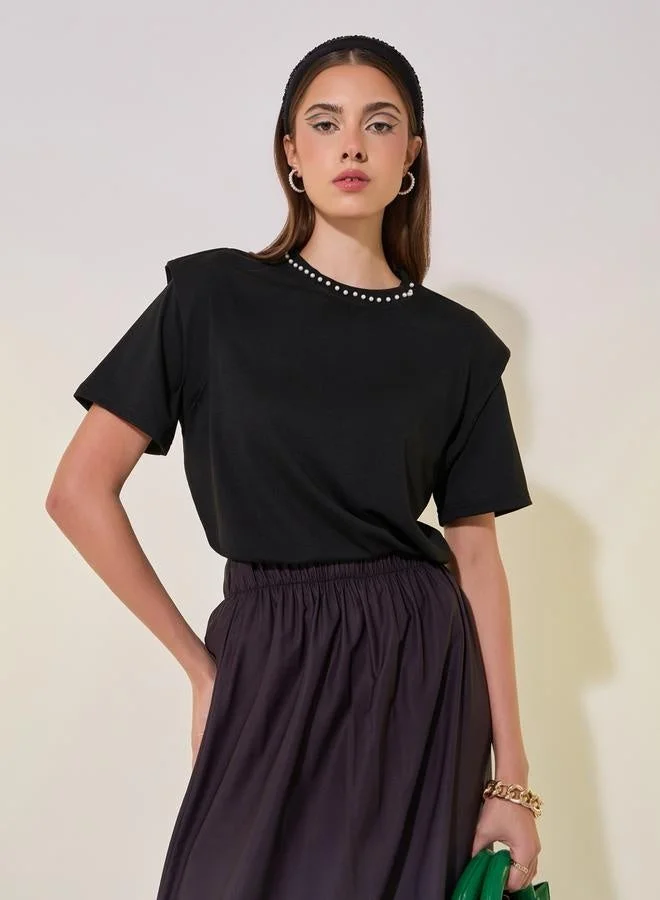 Take Two Faux Pearl Embellished Round-Neck T-Shirt