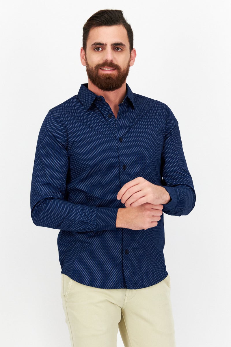 Modern Culture Men Regular Fit Allover Pattern Long Sleeves Casual Shirt, Navy Blue  - Image 1