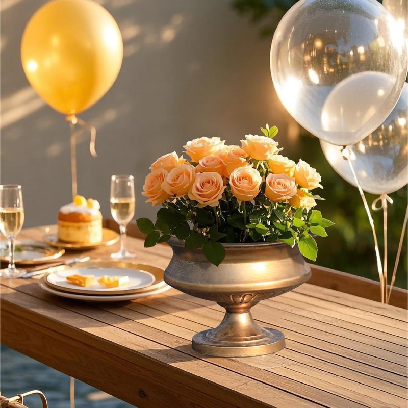 WORTH 8" H. Gold Color Urn Vase for Centerpieces, 11.8" Dia. Classic Metal Trumpet Small Flower Pot for Table, Bowl Vase for Wedding Party Event Home Decor - Image 2