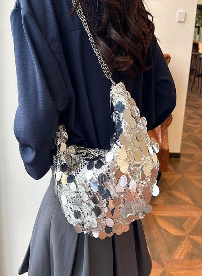 Sither Women's Evening Handbag Large Sequin Evening Bag Purses for Women Glitter Sparkly Handbag with Link Chain for Party (silver) - Image 2