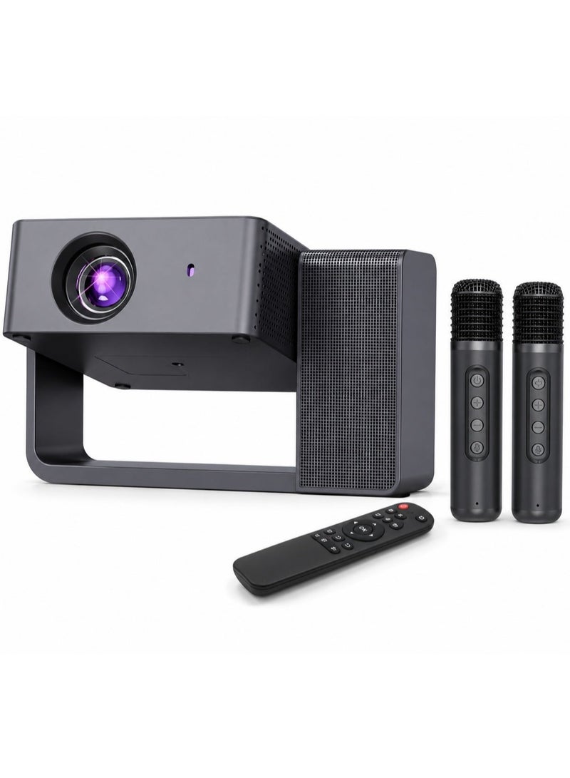 Smartbarry HT30 Portable Projector with 4K Video Support, Large HD Display, Dual Wireless Microphones, 5G WiFi, Wireless Screen Mirroring, Built-In Surround Sound Speaker, Home Theater, Karaoke, Movies, Gaming & Presentations - Image 1