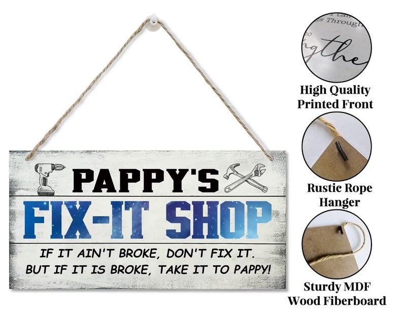 EDCTO قم بتسوق Pappy's Fix-It Vintage Style إذا لم يتم كسره. ولكن إذا تم كسره ، خذها إلى بابي! علامة خشبية معلقة منزل ديكور الخشب المطبوع جدار الفن هدية لجد 12x6 في - Image 5
