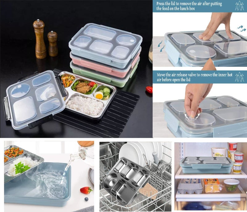 YUJASV Big Size Thermal Insulation 5 Compartment Lunch Boxes Leakproof Reusable Microwave Freezer Safe Stainless Steel Portion Snack Containers for Adults Office Work (Multicolor) - Image 4