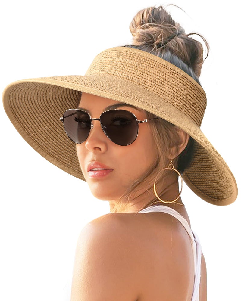 FURTALK Sun Visor Hats for Women Wide Brim Straw Ponytail Summer Beach Hat UV UPF Packable Foldable Travel Khaki - Image 1