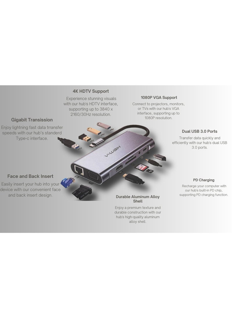 11 in 1 USB C Type HUB, USB C Adapter 11 in 1 Dongle with 4K HDMI, VGA, Type C PD, USB 3.0, RJ45 Ethernet, SD/TF Card Reader, 3.5 mm AUX, Docking Station