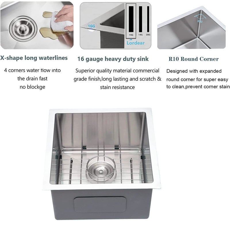 Lordear 15 Bar Sink Undermount 15x17 Inch Stainless Steel Undermount Sink Bar Prep Sink 16 Gauge R10 Round Corner Deep Single Bowl Handmade Sinks - Image 4