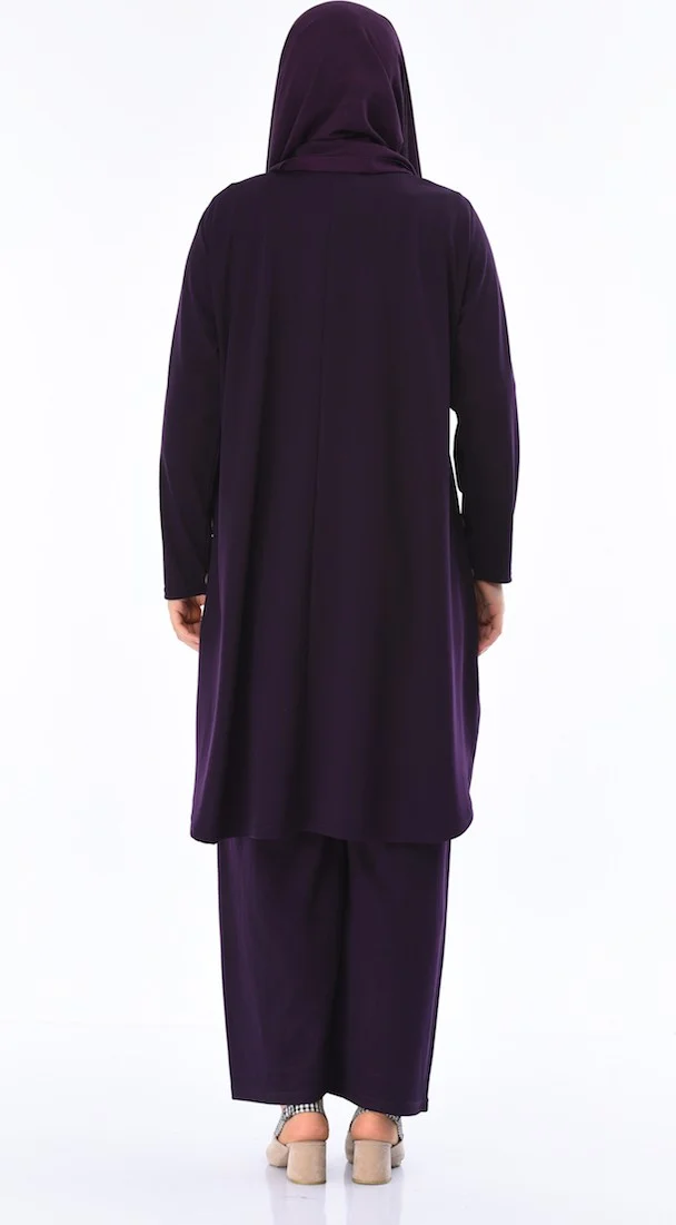 Sefa Merve Plus Size Button Detailed Tunic Trousers Two Piece Suit 2655-06 Plum