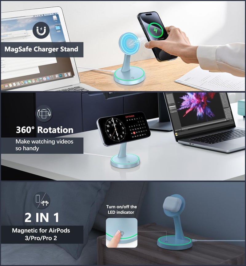 Voice-tank Magnetic Wireless Charger Stand 15W Fast Mag-Safe Charger for iPhone 17 /17 pro/ 17 Air/ 17 pro max 16/15/14/13/12 Series Magnet Wireless Charging Station/Pad with Sleep-Friendly Light for AirPods - Image 2