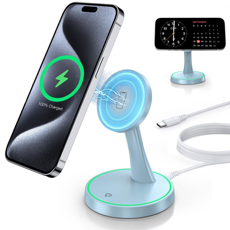 Voice-tank Magnetic Wireless Charger Stand 15W Fast Mag-Safe Charger for iPhone 17 /17 pro/ 17 Air/ 17 pro max 16/15/14/13/12 Series Magnet Wireless Charging Station/Pad with Sleep-Friendly Light for AirPods - Image 1