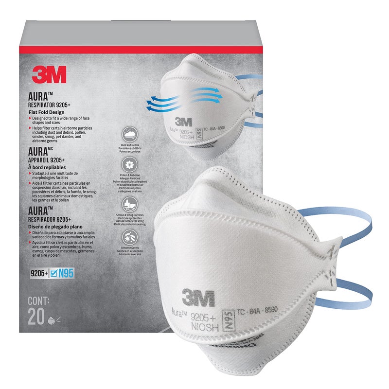 3M Aura Particulate N95 Respirator 9205+, Flat Fold Lightweight Design, Non-Valved, 20 Count (Pack of 1) - Image 1