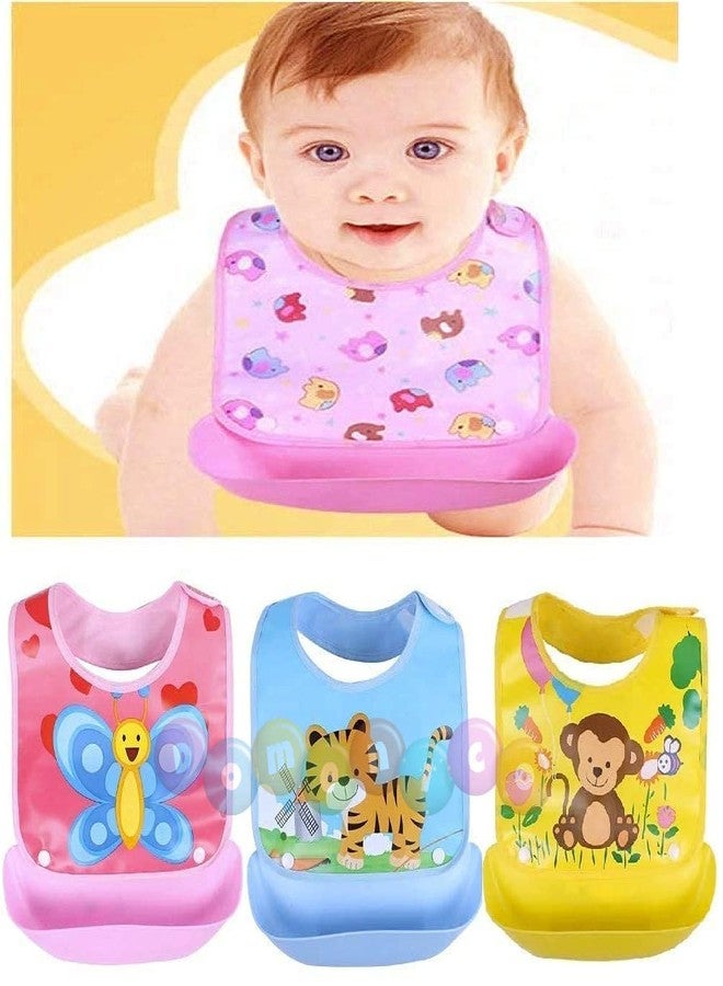 DOMENICO Baby Silicon Bib/Apron for Feeding Infants and Toddlers with Detachable Food Catcher, Waterproof (Random Colours And Prints) (Pack of 5) - Image 5