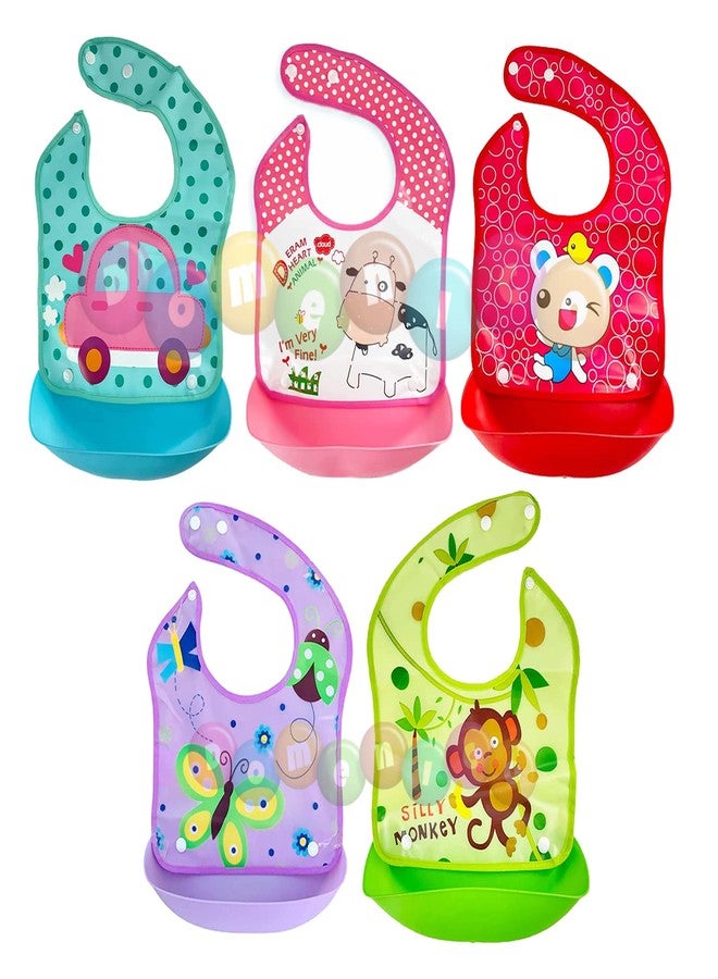 DOMENICO Baby Silicon Bib/Apron for Feeding Infants and Toddlers with Detachable Food Catcher, Waterproof (Random Colours And Prints) (Pack of 5) - Image 1