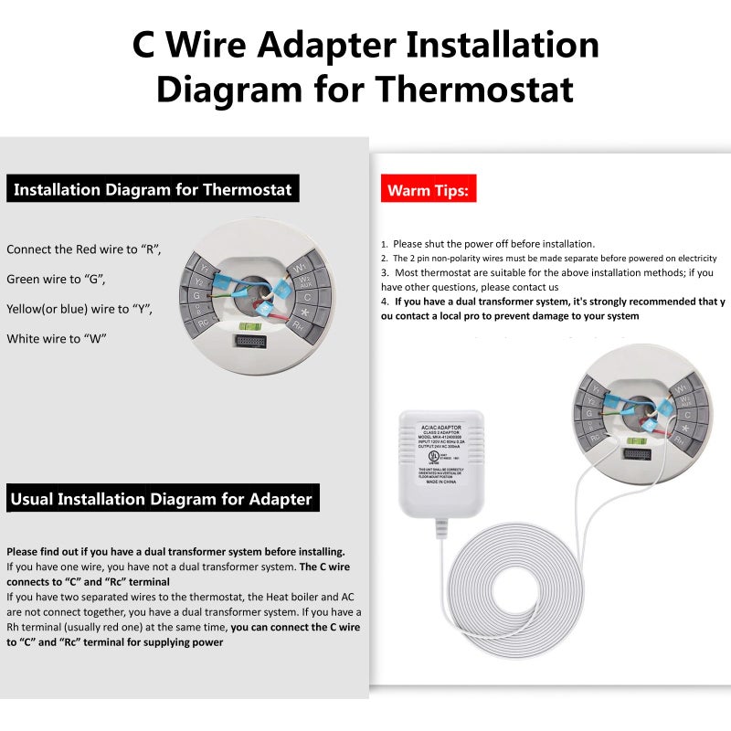 Hotop 24 Volt C Wire Adapter for Smart Thermostat, UL Listed 16.5ft Long Power Connector C Wire for All Versions of Smart Thermostat Compatible with Nest/Honeywell/Ecobee/Wyze - Image 1