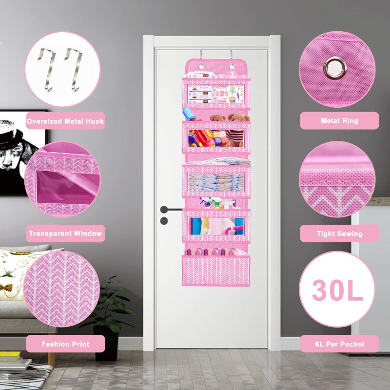VERONLY Over The Door Hanging Organizer with 5 Large Pockets - Wall Mount Pantry Storage with 2 Big Metal Hooks for Baby Girlâ€™s Diapers Closet, Bathroom, Nursery, Bedroom, Dorm, Baby, Kids Toys (Pink) - Image 5