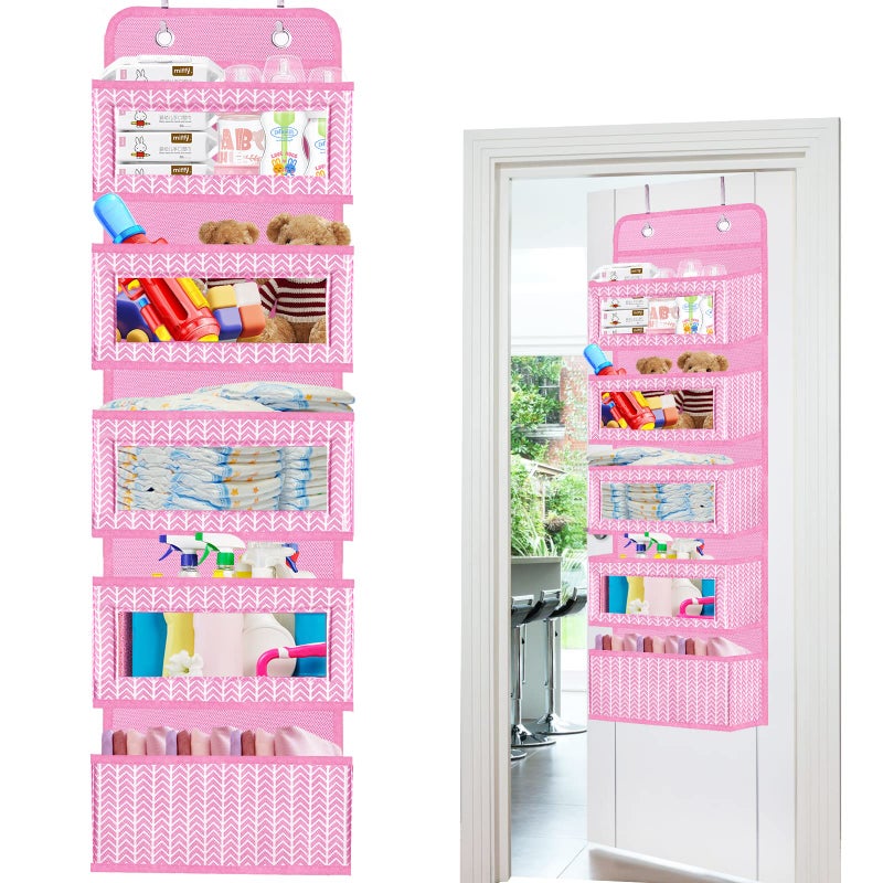 VERONLY Over The Door Hanging Organizer with 5 Large Pockets - Wall Mount Pantry Storage with 2 Big Metal Hooks for Baby Girlâ€™s Diapers Closet, Bathroom, Nursery, Bedroom, Dorm, Baby, Kids Toys (Pink) - Image 1