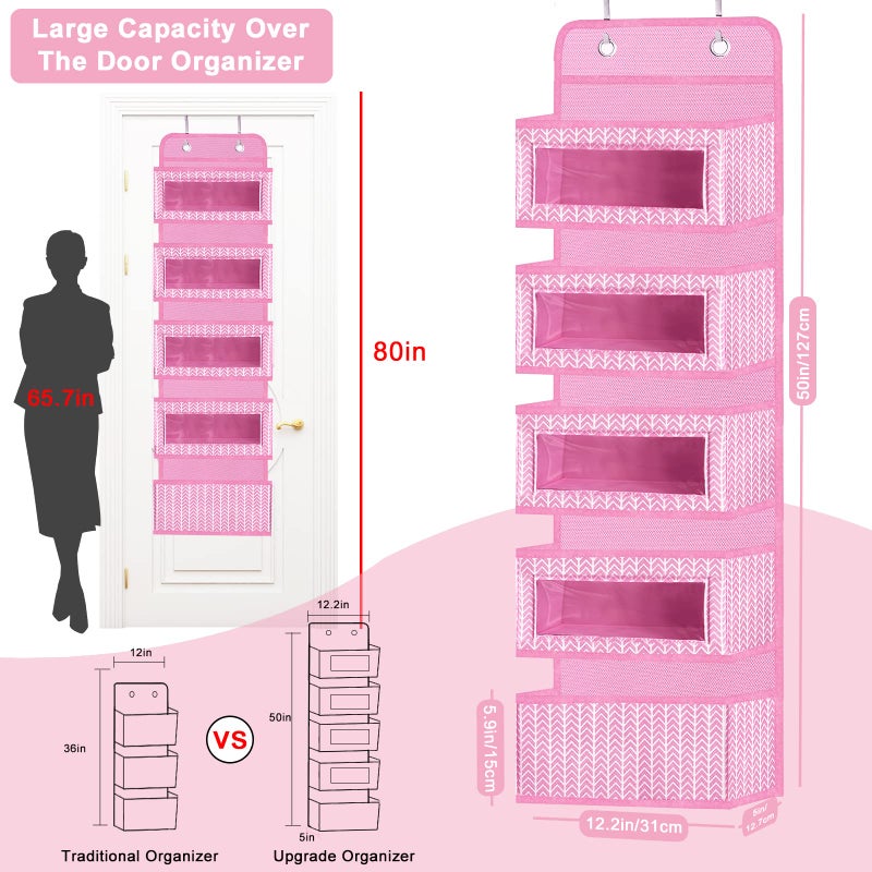 VERONLY Over The Door Hanging Organizer with 5 Large Pockets - Wall Mount Pantry Storage with 2 Big Metal Hooks for Baby Girlâ€™s Diapers Closet, Bathroom, Nursery, Bedroom, Dorm, Baby, Kids Toys (Pink) - Image 2