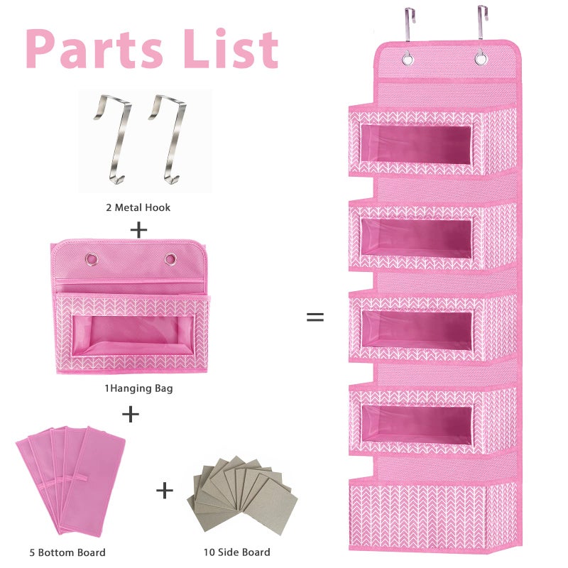 VERONLY Over The Door Hanging Organizer with 5 Large Pockets - Wall Mount Pantry Storage with 2 Big Metal Hooks for Baby Girlâ€™s Diapers Closet, Bathroom, Nursery, Bedroom, Dorm, Baby, Kids Toys (Pink) - Image 4
