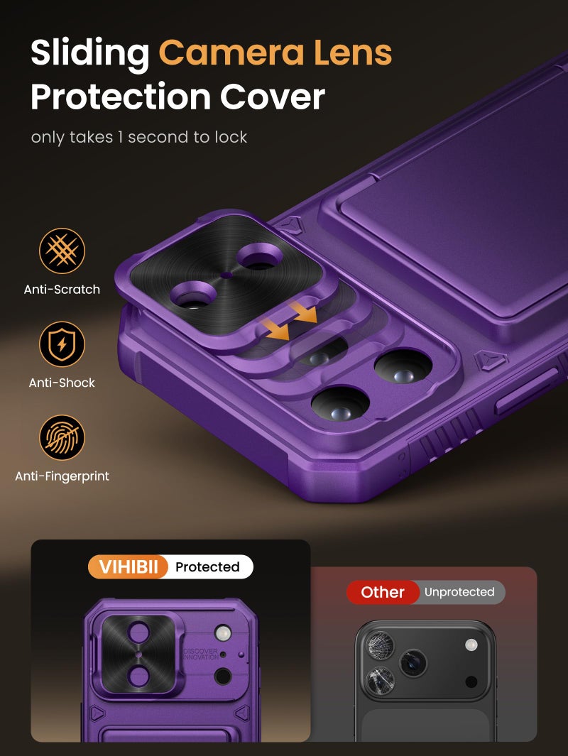 Vihibii for iPhone 17 Pro Max Case Wallet with Card Holder (4 Cards) [RFID Blocking] & Slide Camera Cover, Military Grade Drop Protection, Hard Back & Silicone Edge Phone Case 6.9" 2025, Dark Purple - Image 4